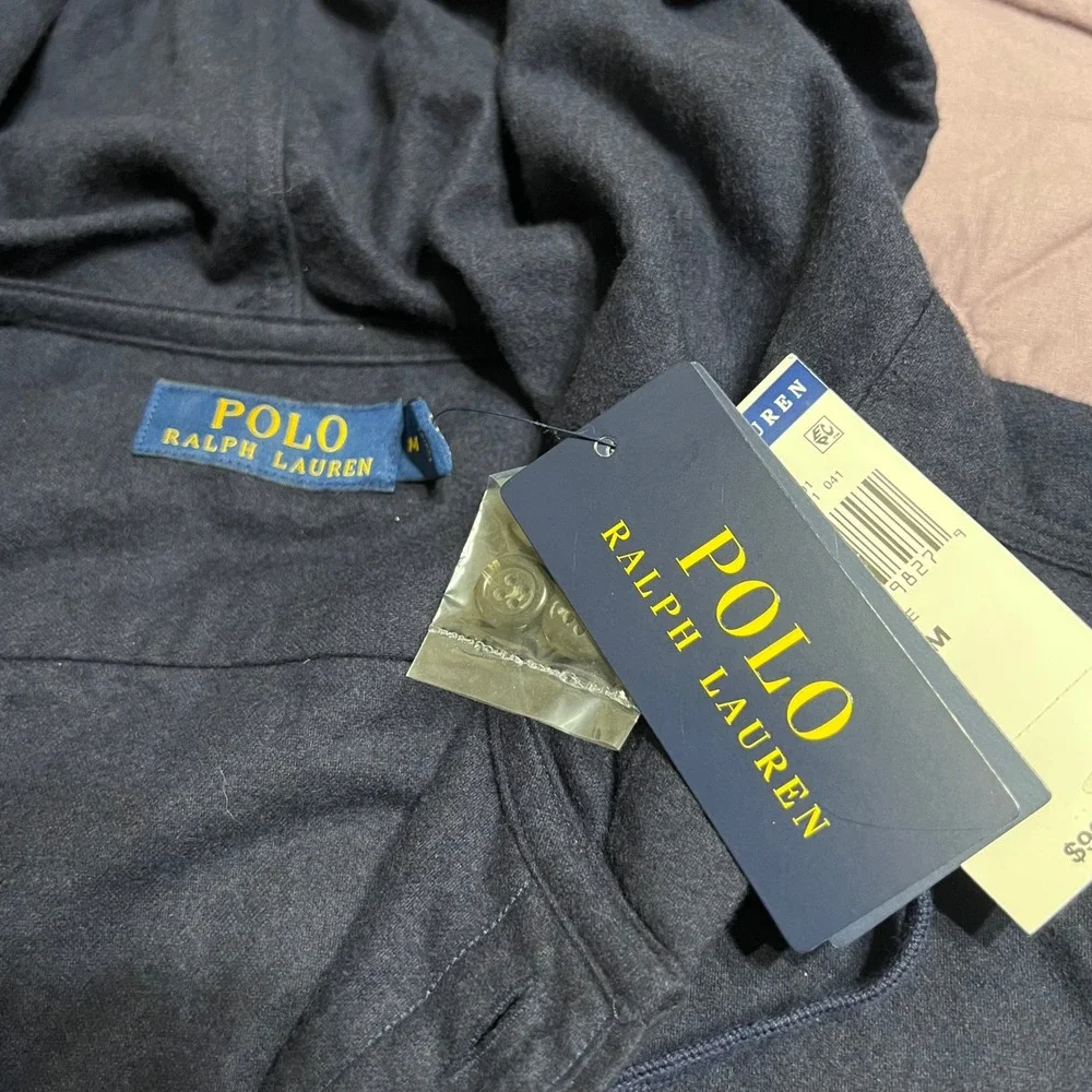 NWT Polo Ralph Lauren Hooded Button Down Shirt Navy Blue Cotton Men's Medium